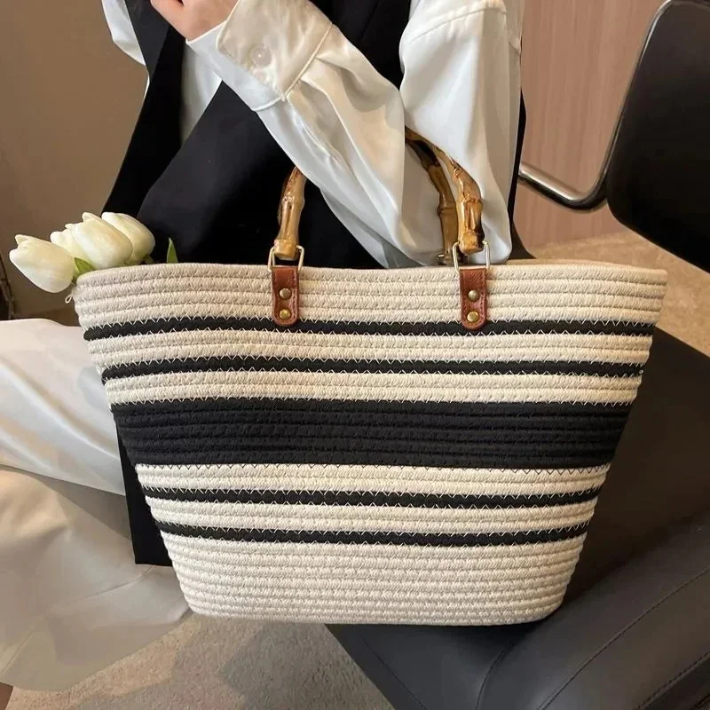 

Women Bamboo Handle Top-Handle Bag Large Capacity Striped Portable Vacation Hat Suit Weave Straw Summer Casual Tote Beach Bags