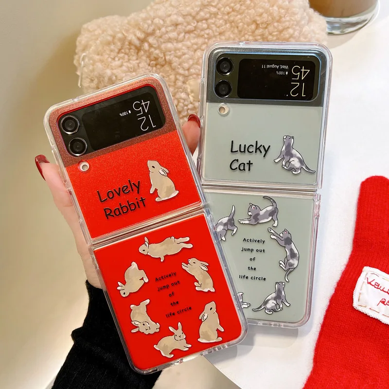 

Lovely Rabbit Cat Phone Case for Samsung Galaxy Z Flip 3 Z Flip 4 Hard PC Back Cover for ZFlip3 ZFlip4 Case Shell