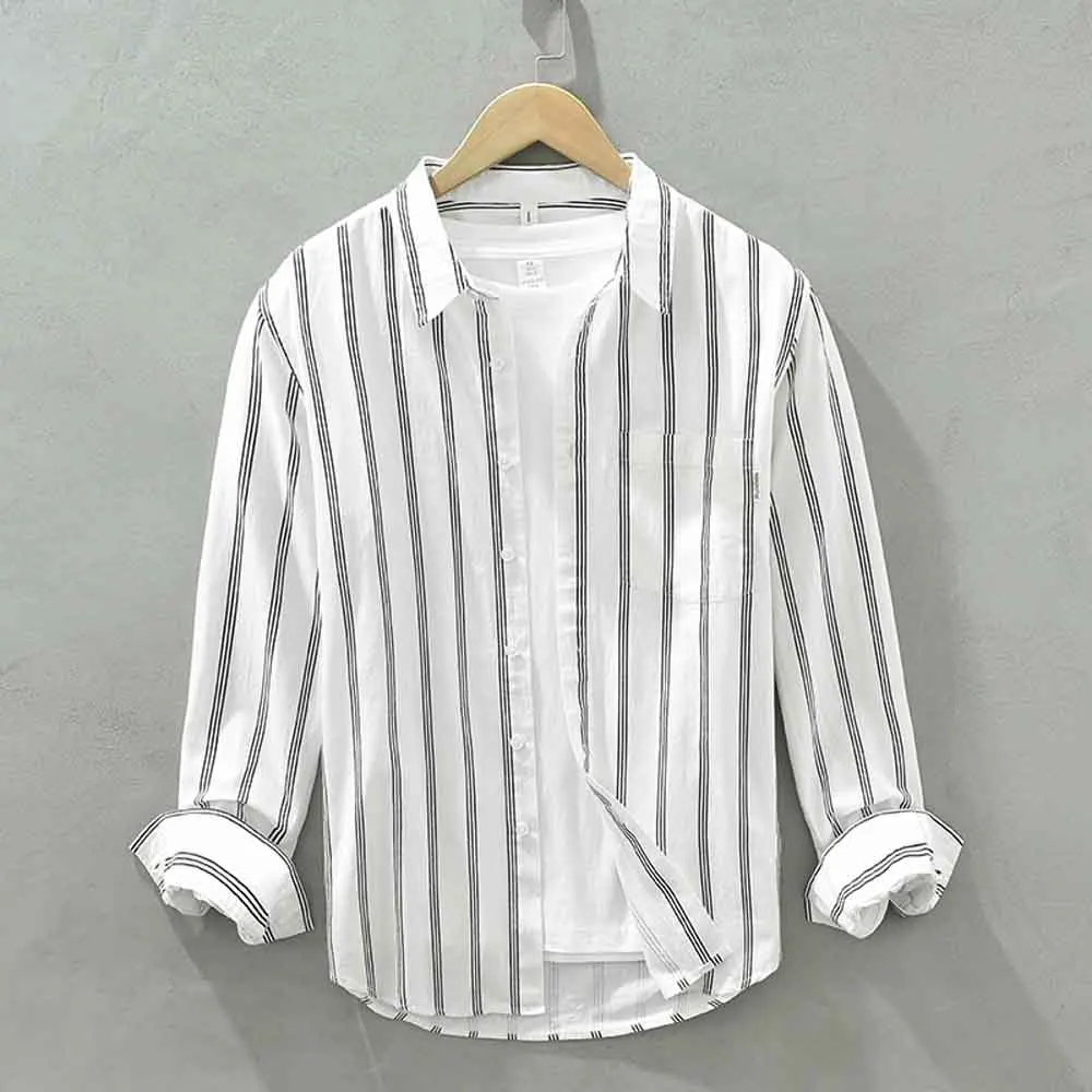Men's Shirts Casual Striped Shirts Long Sleeve Blouse T-Shirt Men Loose Tops Fashion Turn-down Collar Print Shirts Cotton 100%