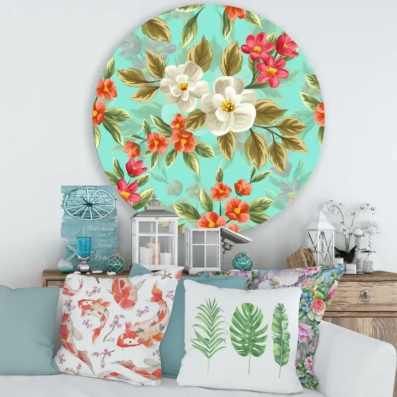 

'Red and White Floral Seamless Pattern' Traditional Circle Metal Wall Art 36x36 - Disc of 36
