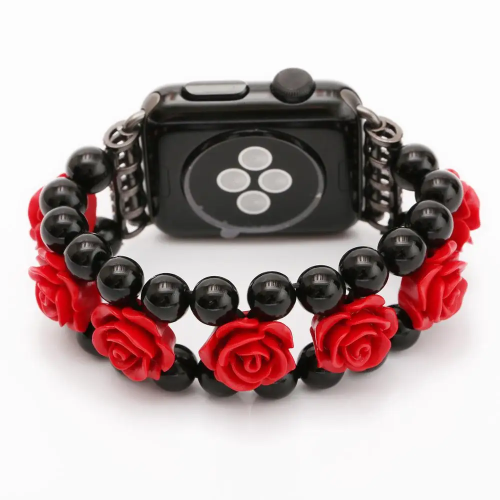 Red Rose Flower Agate Band for Apple Watch Series 8 7 6 5 4 3 SE Bracelet for iWatch 45mm 44mm 40mm 42mm 41mm Jewelry Wristband