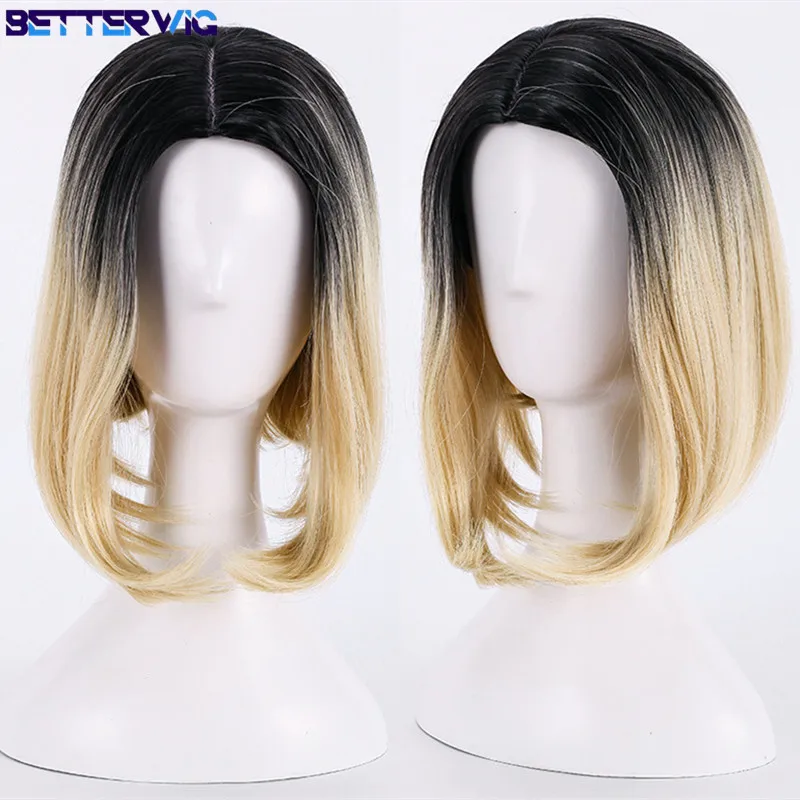 Halloween Bride of Chucky Women Tiffany blonde omber black wig Role Play Jennifer Tilly cosplay middle parting hair + wig cap