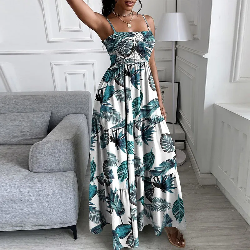 2022 Spring And Summer Women Solid Color High Waist Printing Strap Dress