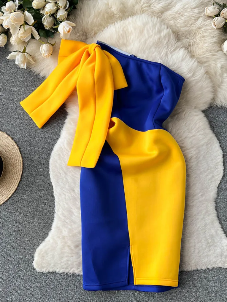 

Foamlina Sexy Big Bow One Shoulder Women Dress Elegant Spring Summer Color Match Sleeveless Slim Bodycon Knee Length Party Dress