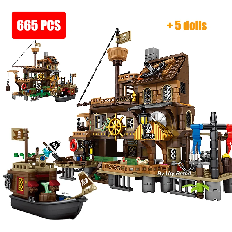 

Pirates Ship Adventure House Wharf Ideas Island Storm Vessel Boat Movie Building Blocks Houseboat Model Toys for Kids Xmas Gifts