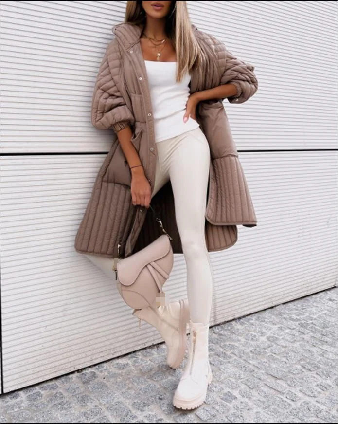Down Jacket Female Autumn Winter 2022 Casual Fashion Plain Long Sleeve Side Slit Button Front Daily Hooded Long Puffer Coat
