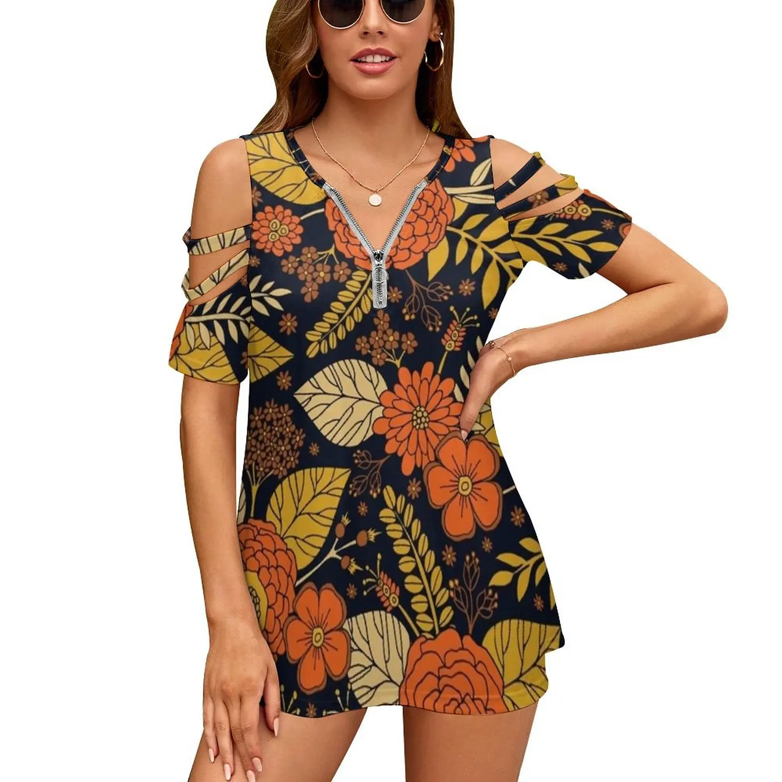 

Женская футболка в стиле ретро, оранжевая, желтая, коричневая и темно-синяя с цветочным рисунком и V-образным вырезом