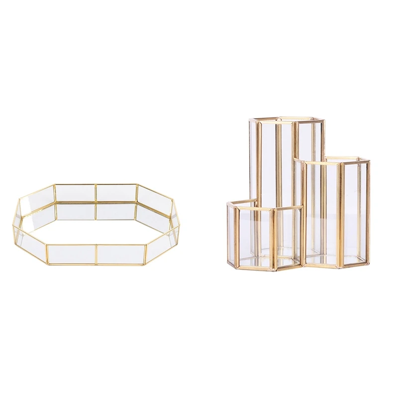 

1X Glass Copper Hexagon Composite Pen Holder Makeup Brush Glass Box & 1X Nordic Style Glass Copper Geometry Storage Baskets Box