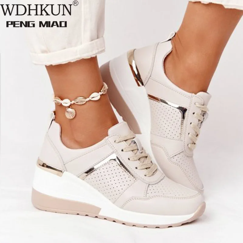 

New Women Sneakers Lace-Up Wedge Sports Shoes Women's Vulcanized Shoes Casual Platform Ladies Sneakers Comfy Females Shoes