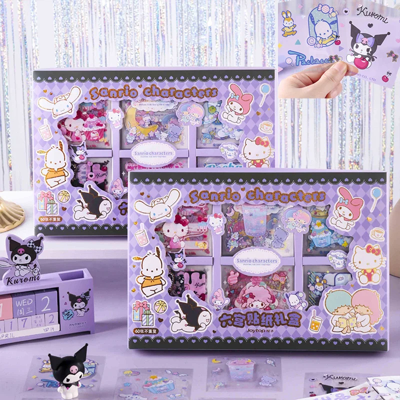 

60Pcs Diy Set Kawaii Sanrios Hello Kitty My Melody Cinnamoroll Anime Figure Sticker Account Decorate Six Grid Student Girl Gift