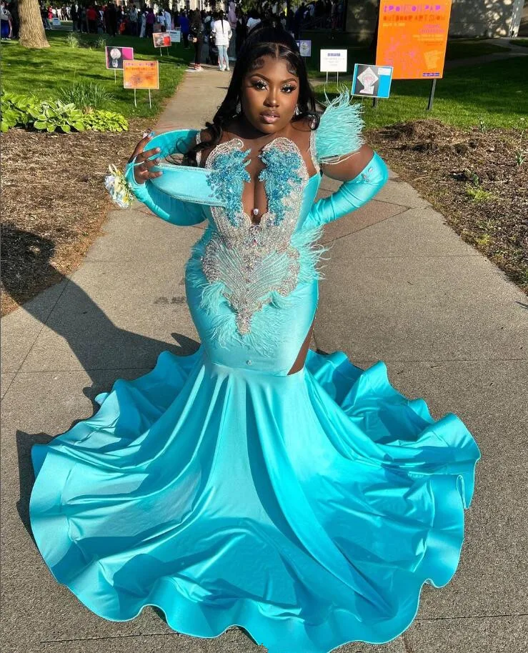 Небесно-голубое длинное платье русалки в африканском стиле для выпускного