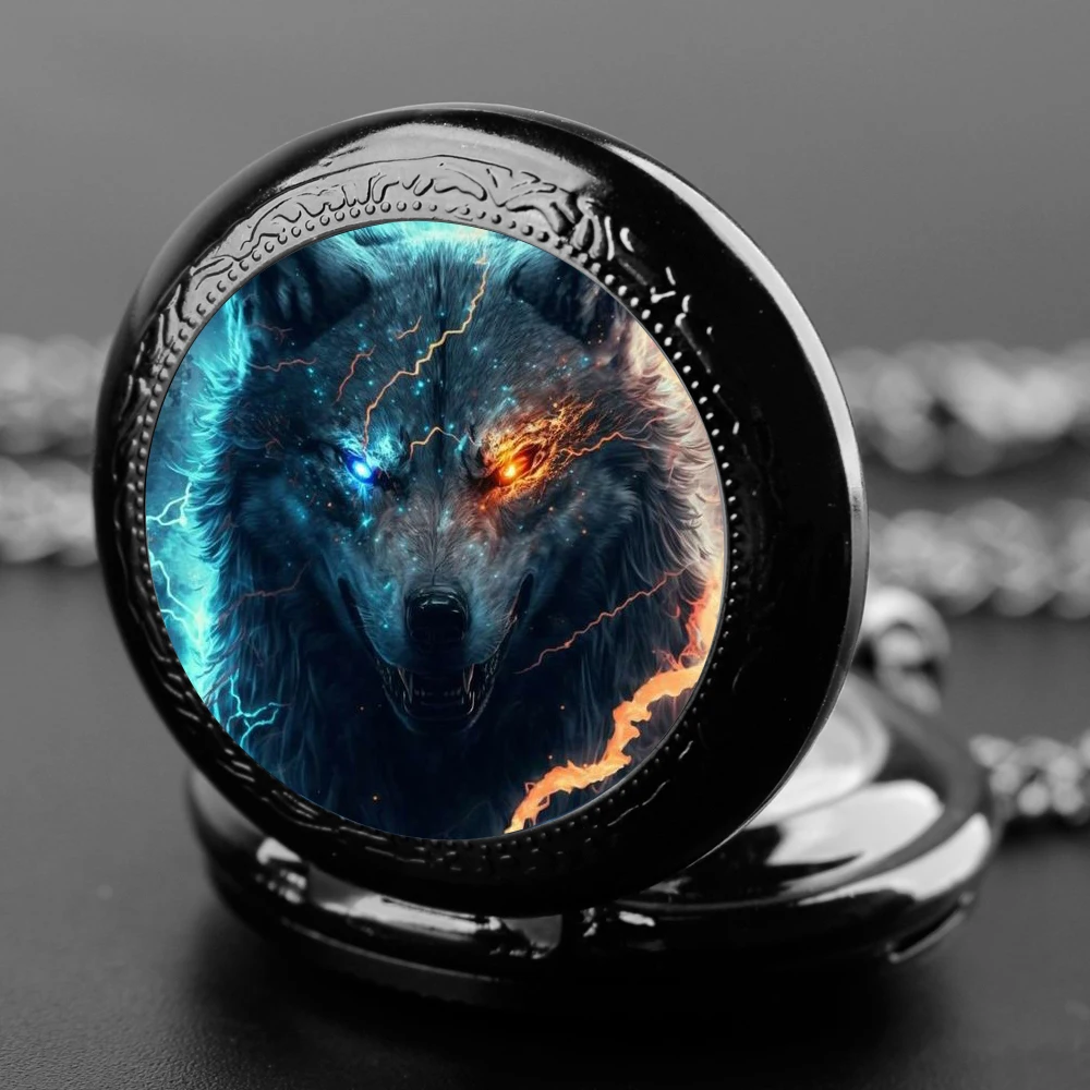 Прохладный Синий Волк Ретро Кварцевые Карманные Часы Женщины Мужчины Черное