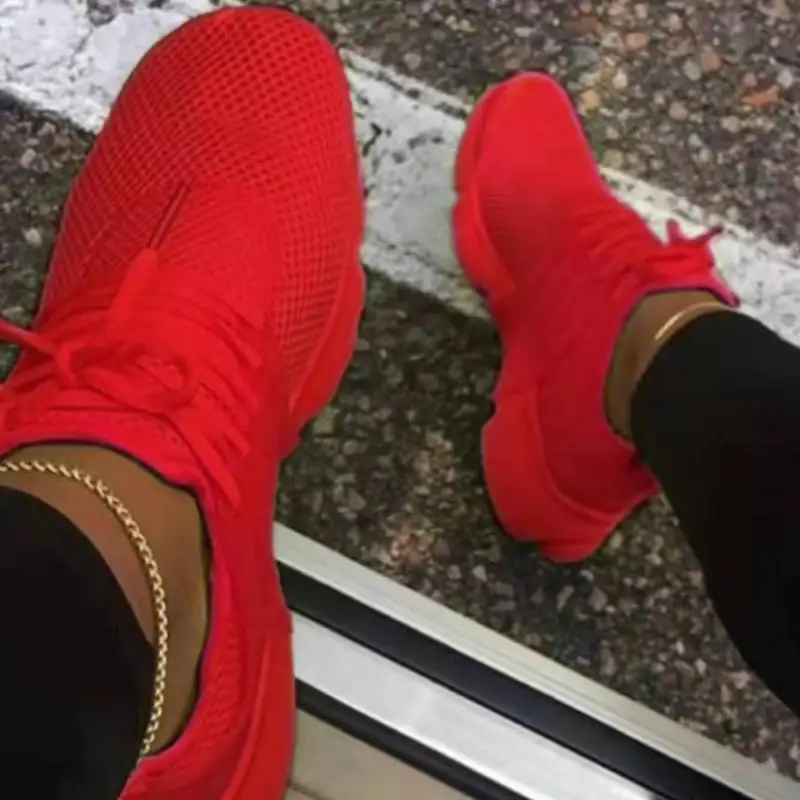

2022 Women's Knitted Sneakers New Fashion Femme Solid Breathable Platform Shoes for Women Lace-Up Lightweight Casual Tennis