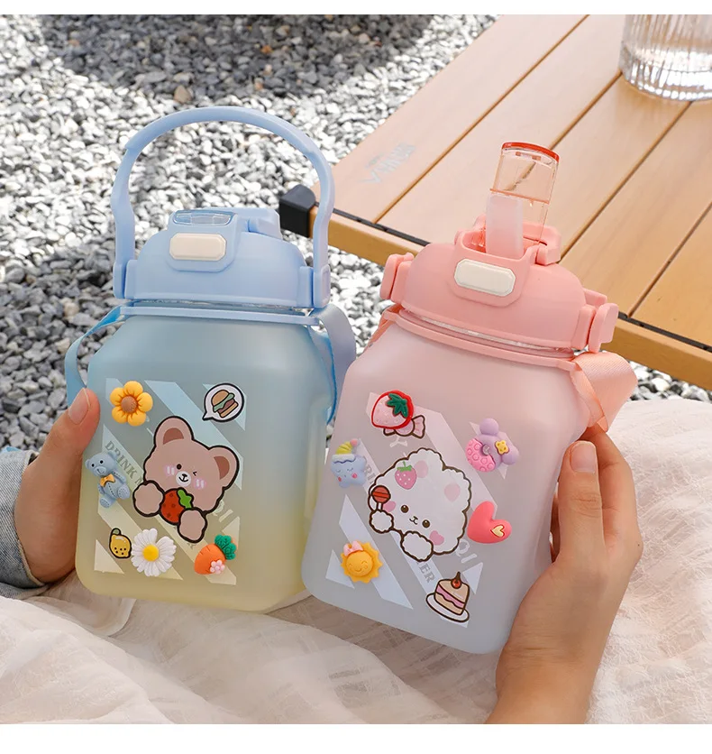 

1200ML Cute Girls Water Bottle with Stickers Straw Big Belly Cup Sports Bottle for Water Jug Children Kids Female Kettle Summer