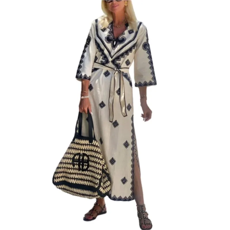 

Maxi Dress Cover-Ups Women Swimsuit 3/4 Sleeve Sundress Robe Summer New Print Fashion Beach Holiday Bikini Cover Up Swimwear