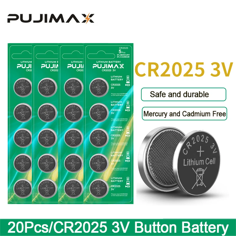 

PUJIMAX 20Pcs/4 Card CR2025 Lithium Batteries 3V Button Battery For Motherboard Car Key Remote Control Toy Blood Pressure Meter
