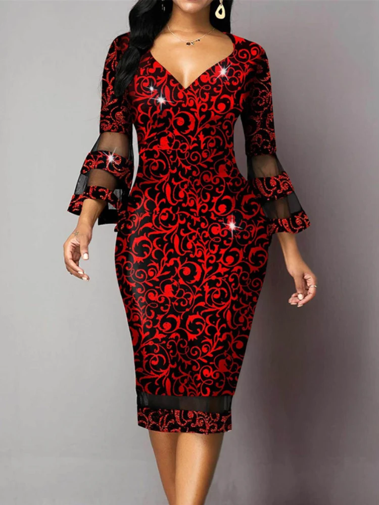

Floral Print Elegant Party Dresses for Women 2023 Midi Spring Robes V Neck Flare Sleeve Mesh Chic Fitted Vestidos De Mujer