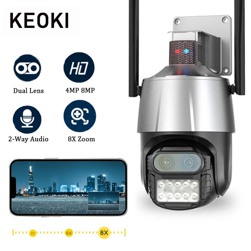 

Keoki 4MP Dual Lens Surveillance WiFi Camera 8X PTZ AI Human Track 2 Way Audio Security Camera Outdoor CCTV Surveillance System
