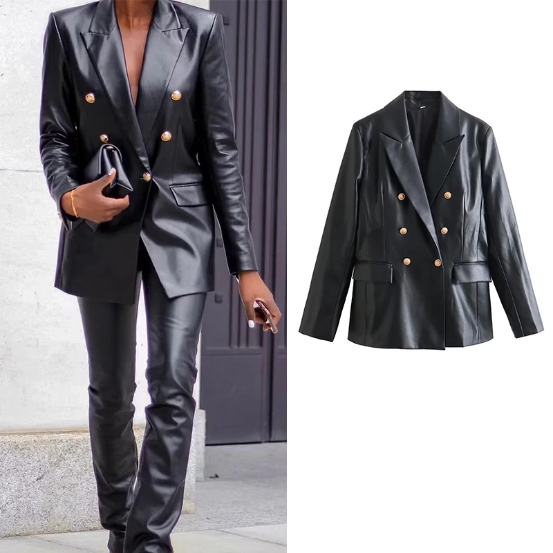 

TRAF Blazers Women's Autumn Coat Jacket 2023 New Winter Slim Double-Breasted Office Warm Fur Jacket Elegant Street Joker Blazer