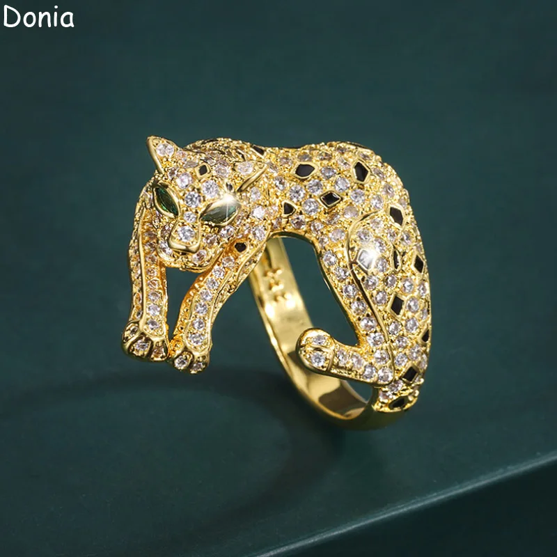 

Donia Jewelry Luxury Green Eye leopard titanium steel miniature encrusted AAA zircon ring European and American open ring