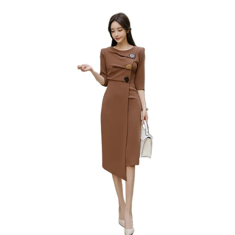 

irregular dress one piece korean ladies Brown O Neck retro Long Sleeve Sexy Office party Midi Dresses for women clothing