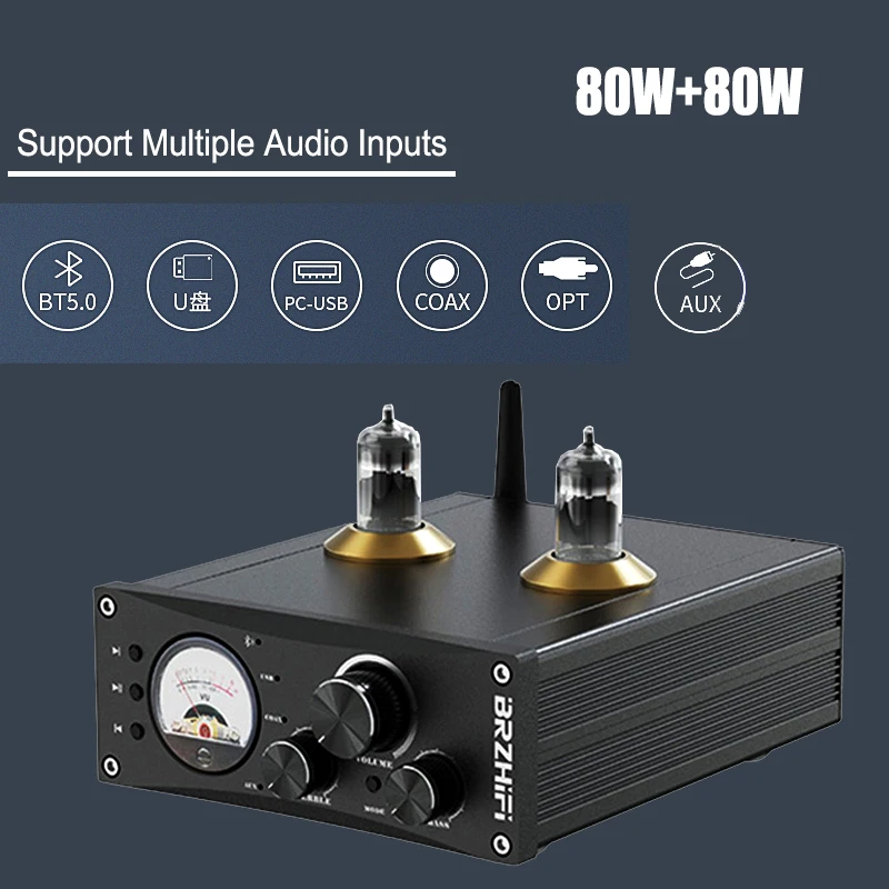 

Домашний аудио-усилитель высокой мощности, 80 Вт × 2, Bluetooth 5,0, цифровой декодирующий вакуумный ламповый усилитель, U-диск, воспроизведение без потерь, с использованием чипа MA12070
