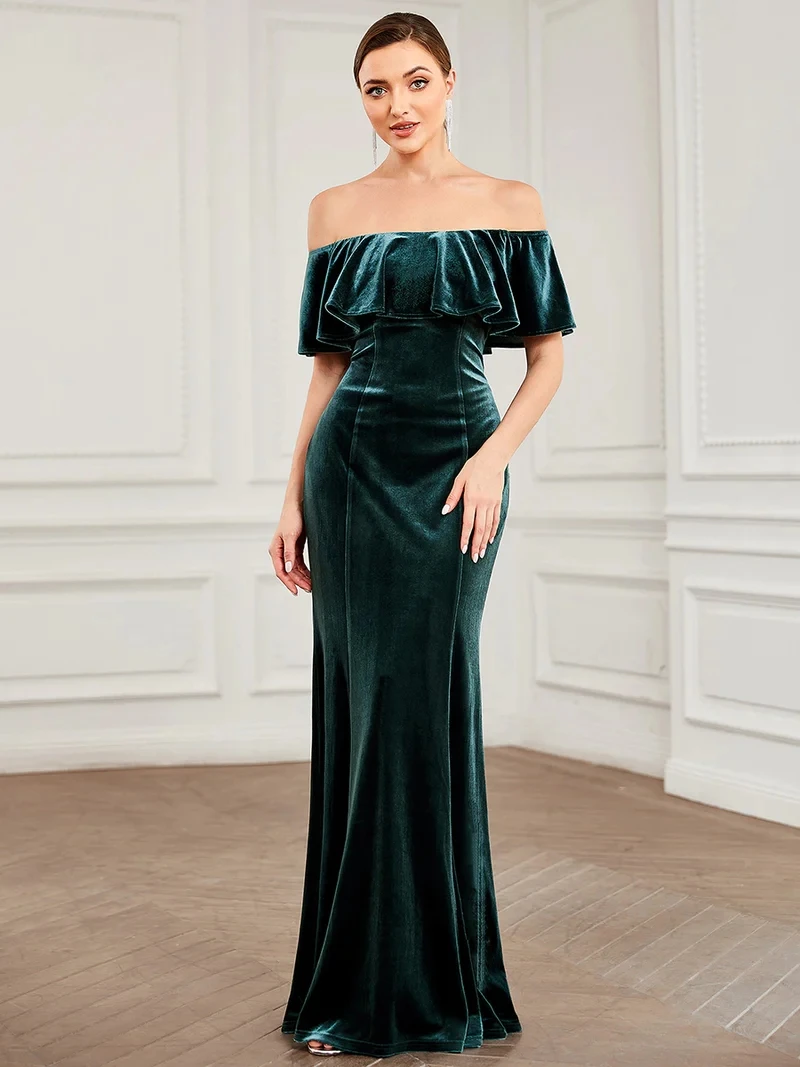 

Elegant Evening Dress Long Mermaid Off Shoulders Ruffles Sleeves Floor Length Gown 2022 Ever Pretty of Simple Prom Women Dress