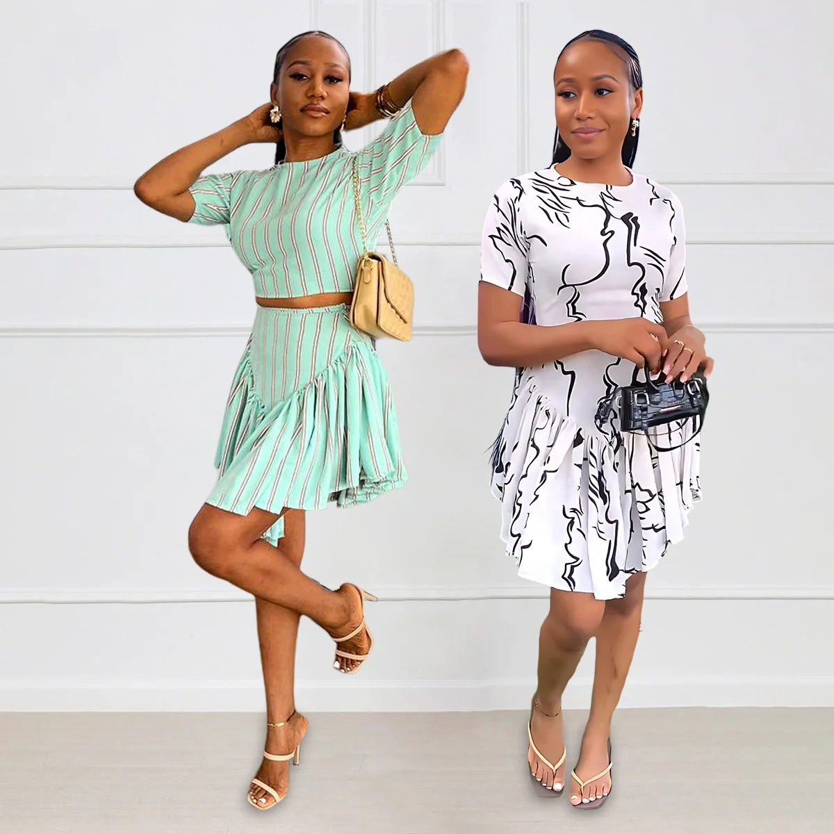 

Temperament Short Sleeve Open Navel T-shirt Dropping Irregular Short Skirt Two Piece Set