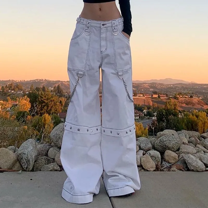 Y2k girl Mall Goth White Cargo Pants Women Gothic Harajuku Hippie Streetwear Chain Punk Loose Baggy Pants Oversize Korean Style