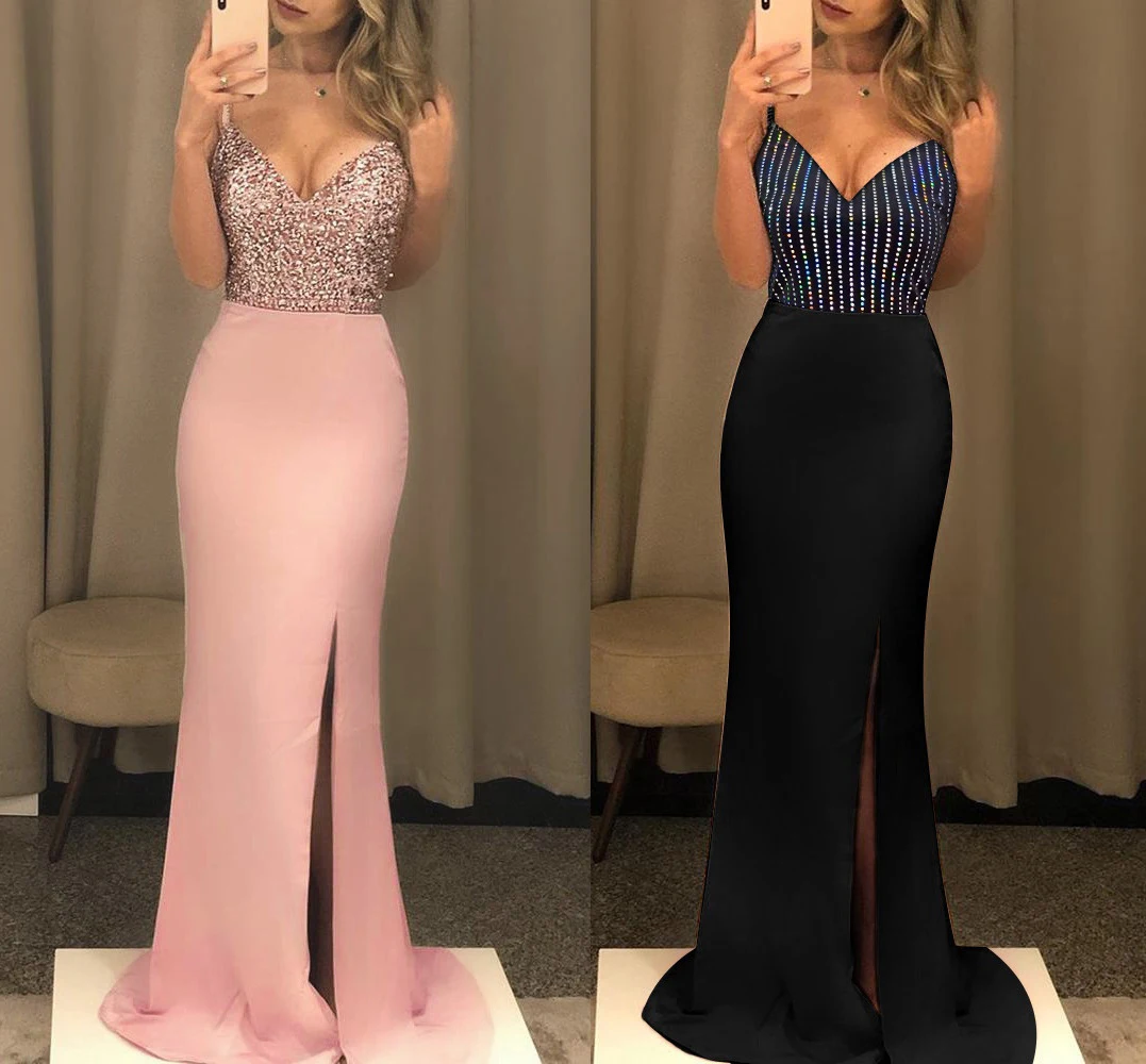 

Vintage Sexy Fashion Sequins Women Dress Lace Backless Sleeveless Solid Color V-neck Bandage Wedding Club Party Long Dresses
