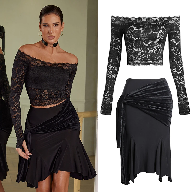 Женские кружевные топы для латиноамериканских танцев черные с длинным рукавом