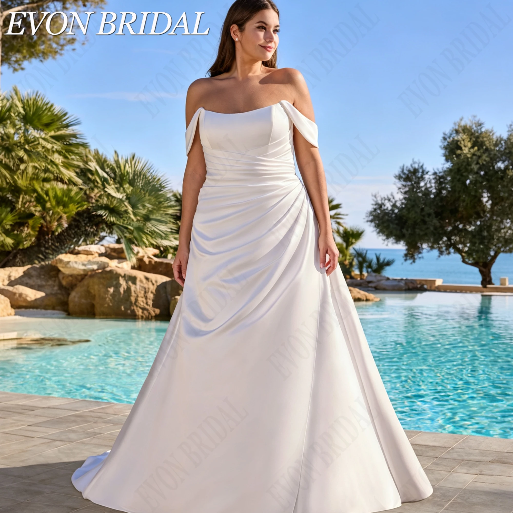 Фото EVON BRIDAL Платье невесты атласное без бретелек большие размеры съемные рукава силуэт А классическое свадебное платье на заказ для женщин роскошное атласное свадебное платье фигура А под индивидуальный пошив простое №2