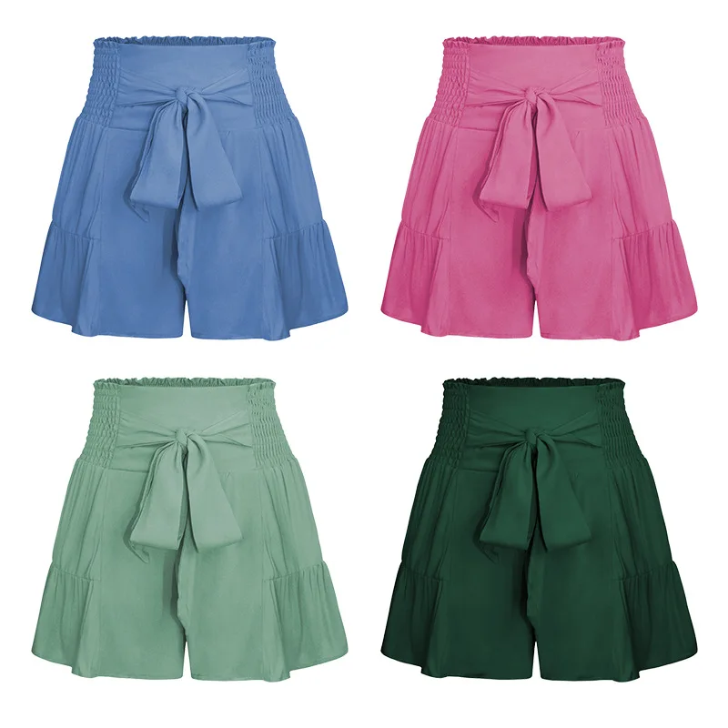 New lace-up ruffled shorts, European and American women's wide-leg cropped pants, draped versatile, casual cotton culottes