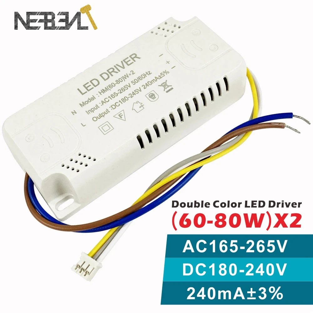 

LED Driver Lights Transfermer (60-80W)*2 for Double Color Ceiling Lamps Two Channel Output DC180-245V 240mA,Input AC165-265