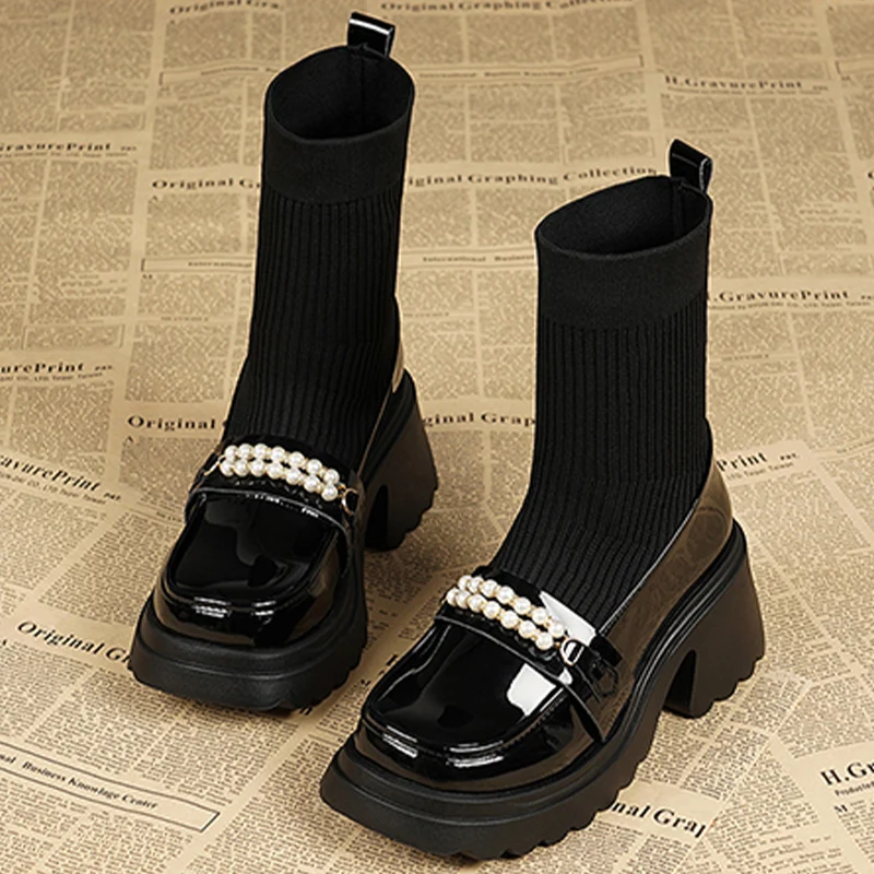 Женские зимние ботильоны на платформе с бусинами модная обувь среднем каблуке