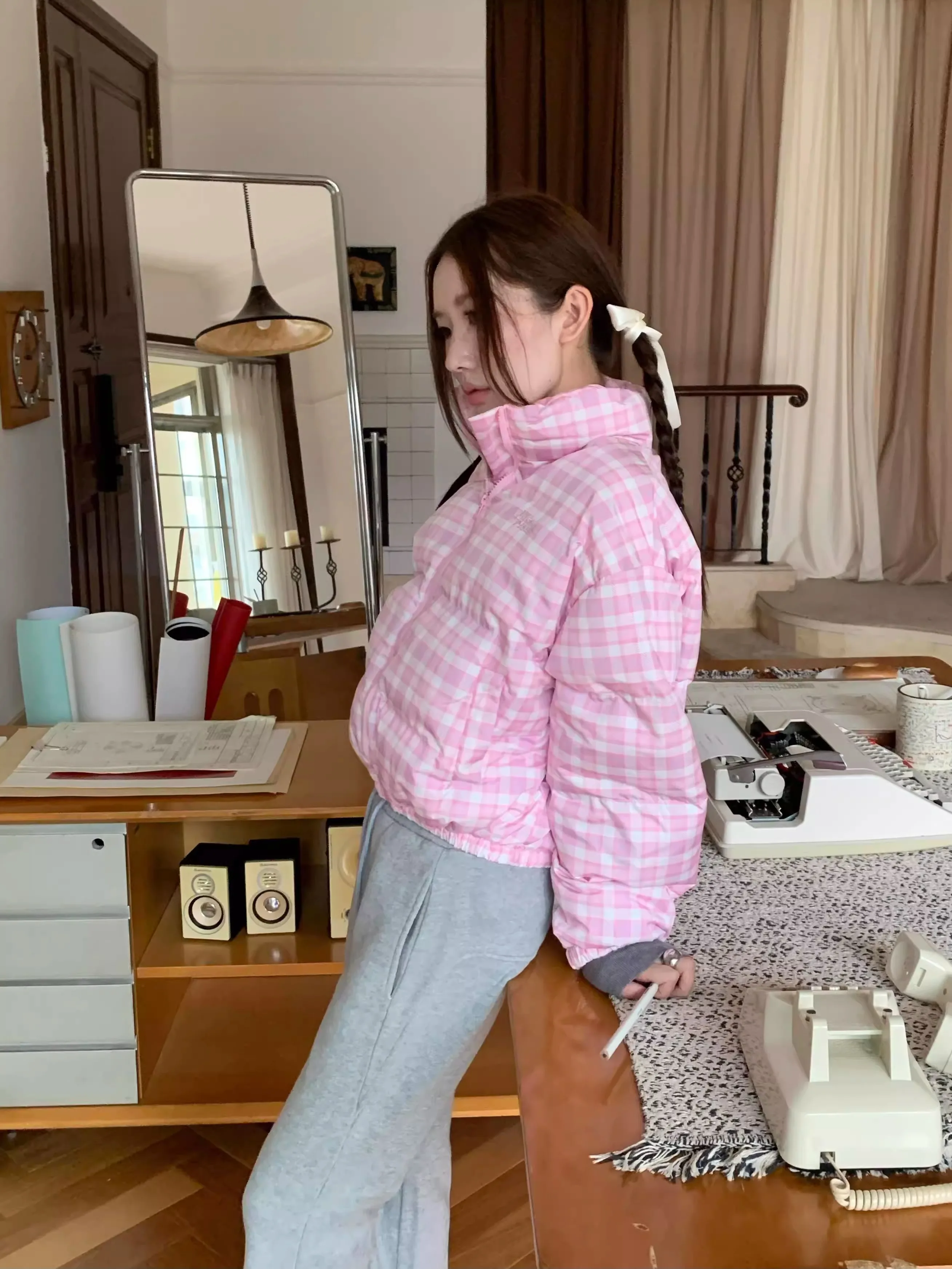 American vintage Pink Plaid Stand Collar down Jacket Cotton-padded Clothes Short Women Winter Thick Warm Coat