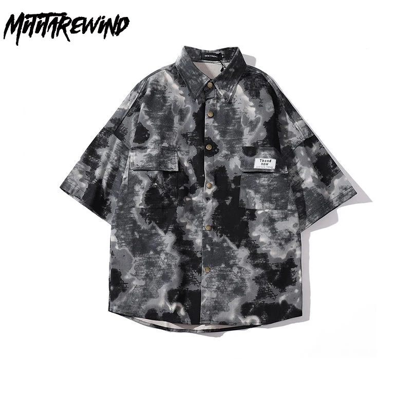 

Hip Hop Streetwear Shirts for Men Summer Retro West Coast Camouflage Casual Loose Tooling Shirt Short Sleeve Male Shirts Tops