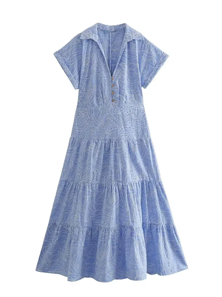 

Платье-рубашка с вышивкой TRAF, женские синие Плиссированные Длинные платья для женщин, женское платье миди с коротким рукавом, летнее платье для женщин 2023