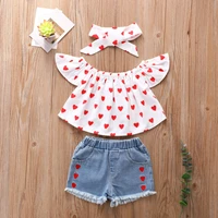 2022 new childrens girls outfit t shirt pants printed pullover summer full print love top cowboy shorts girls two piece set