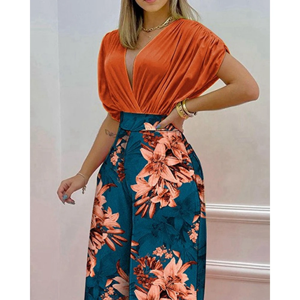2023 Casual Women Floral Print Crop Top & High Waist Wide Leg Pants Set Summer Femme Two Pieces Suit Set Outfits Korean Style