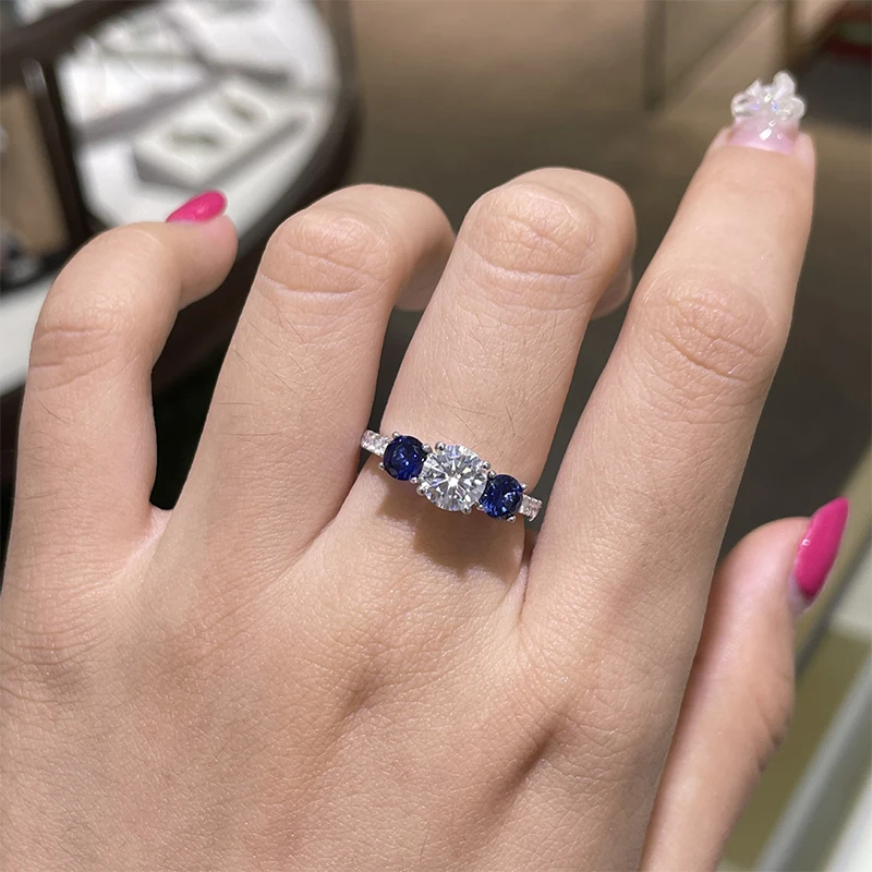 Фото Кольцо KEEP YES 1CT 6,5 мм с муассанитом и тремя бриллиантами для женщин, обручальное/свадебное кольцо с выращенным в лаборатории сапфиром, серебро 925 пробы №5