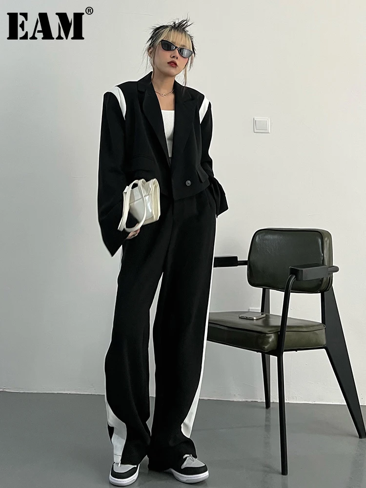 

[EAM] Wide Leg Pants Color-block Two Piece Suit New Lapel Long Sleeve Black Loose Fit Women Fashion Spring Autumn 2023 1DF0074