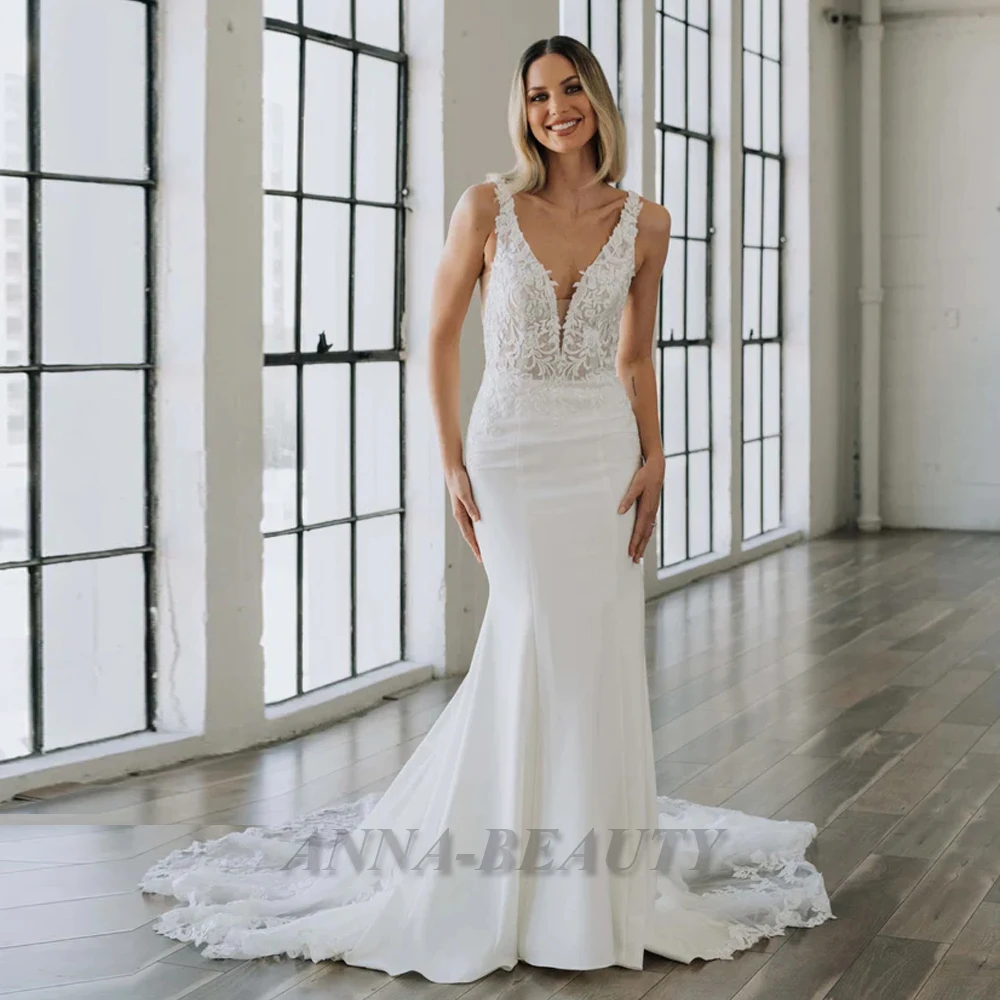 

Anna Fashionable Double V Neck Wedding Dress for Women 2023 Bride Appliques Backless with Button Cathedral Train Bridal Gowns