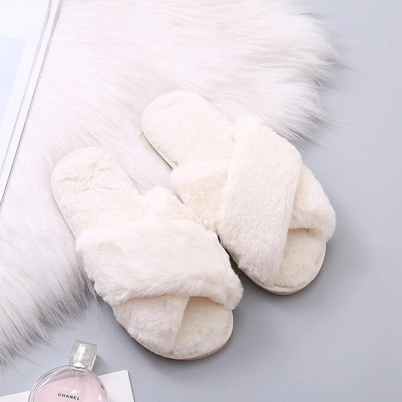 Winter Women House Slippers Plush Cross Faux Fur Slippers Indoor Warm Shoes Woman Slip On Flats Slides Home Furry Fuzzy Slippers images - 6