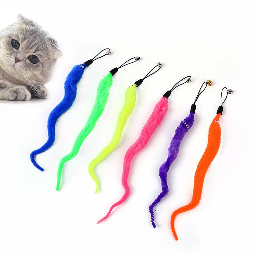 

5Pcs Funny Cat Tickling Stick Plush Worms Teaser String with Bells Replacement Catcher Kitten Play Interactive Toy Pet Supplies