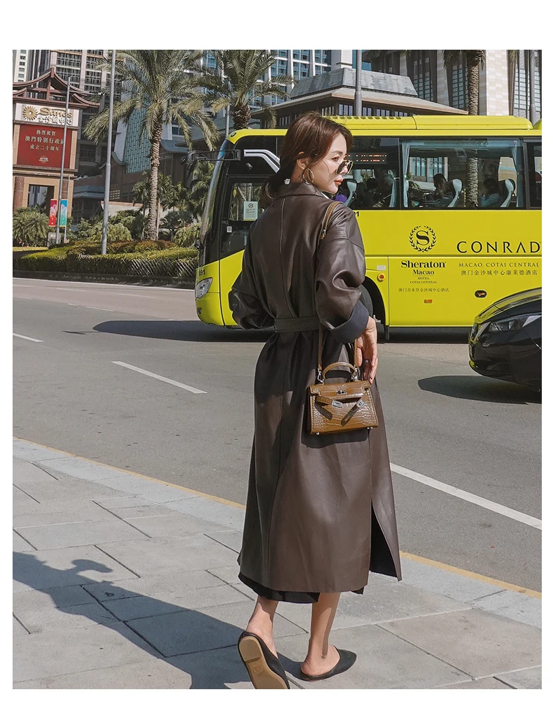 Long Leather Coat Women's Coat Medium Length Knee Length 2022 Elegant Lady Office Winter Autumn Leather Trench Coat for Women
