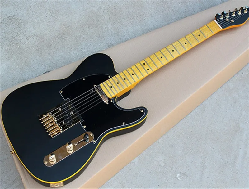 

Promoção guitarra elétrica personalizada de fábrica com pescoço amarelo, ligação amarela, pickguard preto, hardware dourado, pod