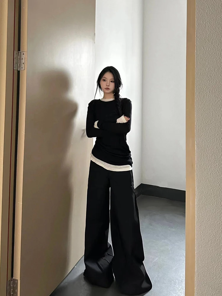 Женская рубашка с длинным рукавом черная Облегающая имитацией двух предметов