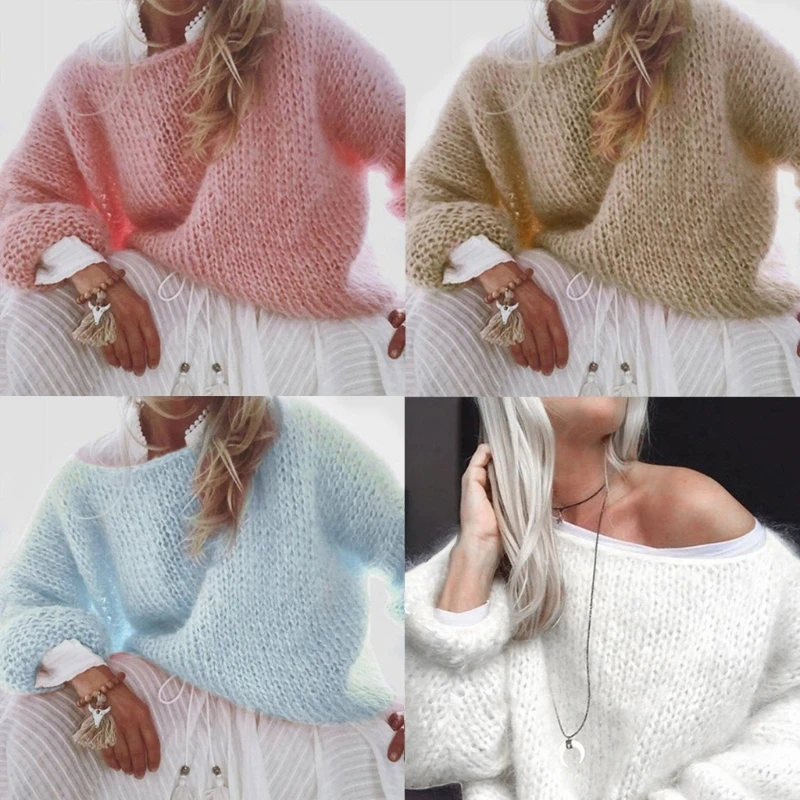 

Women Lantern Long Sleeve O-Neck Sweater Fuzzy Fuzzy Pullover Top Chunky Knit Solid Color Oversize Loose Top