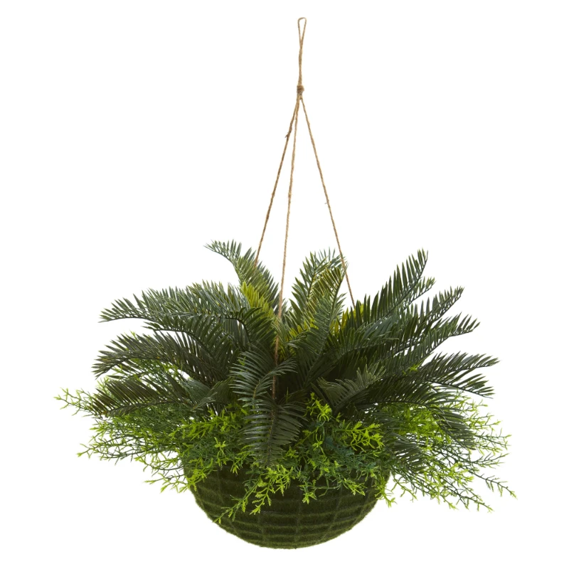 

13" Cycas Artificial Plant in Mossy Hanging Basket (Indoor/Outdoor), Green